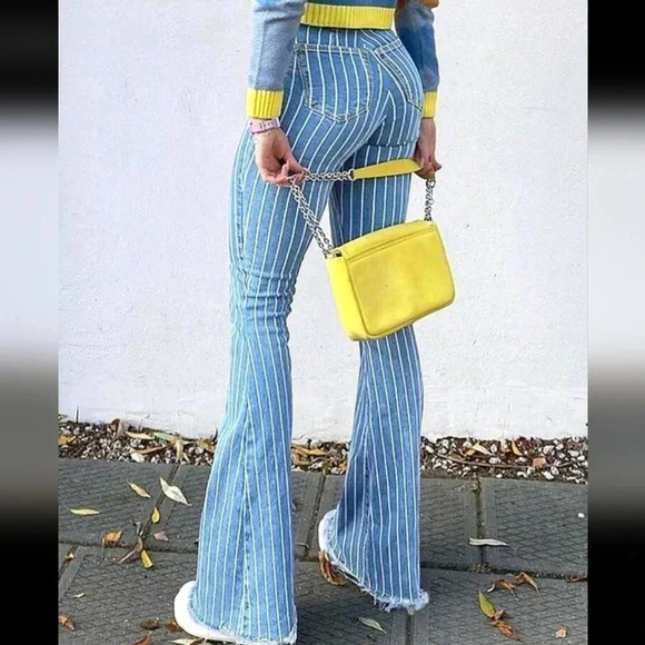 Fashionable StripedTight-Fitting Denim Flared JeansWith Fringed Hem Detali - Picture 4 of 4